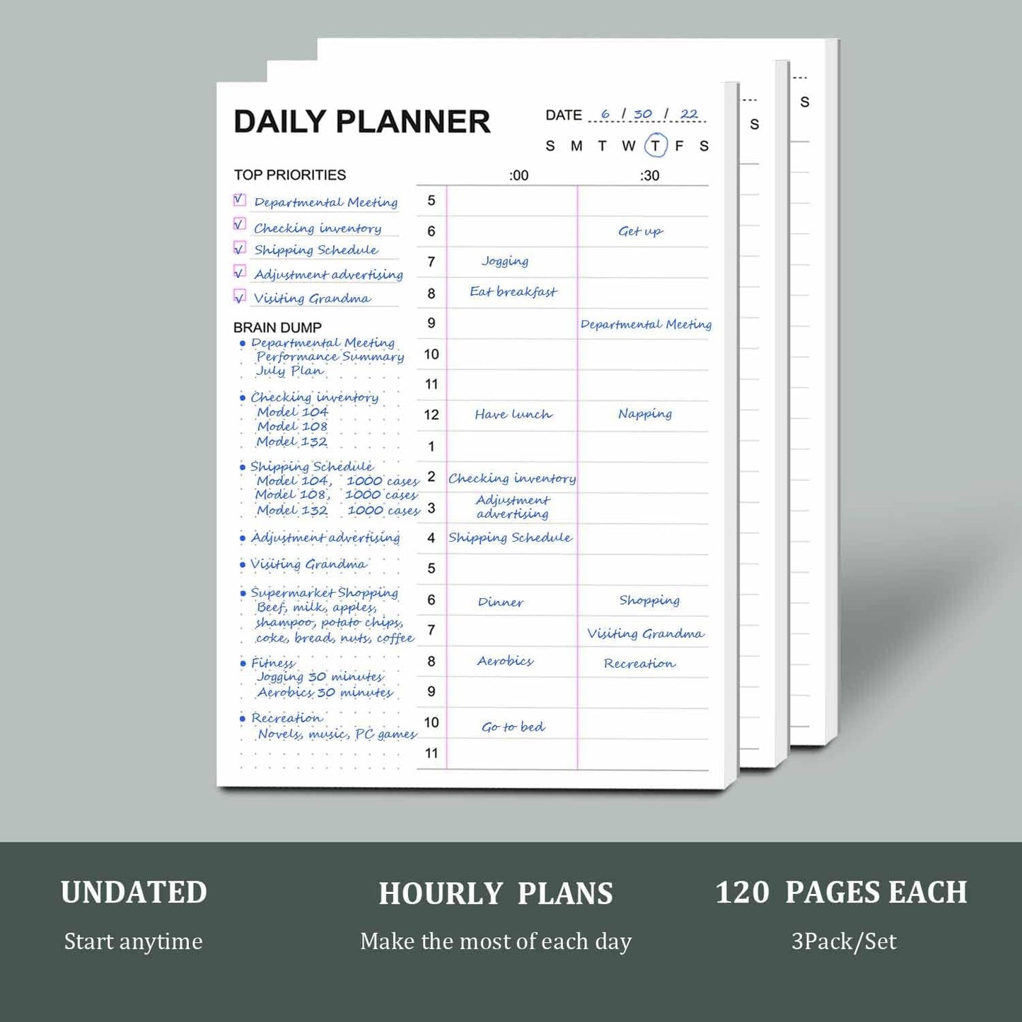 Tiankool To Do List Notepad 3Pack/Set,Daily To Do List with Priorities, Brain Dump, Hourly Scheduler and Notes,Daily Planner Notepad for Work, Study, 60 Tear Off Sheets Planning Pad, 7x10 Inch
