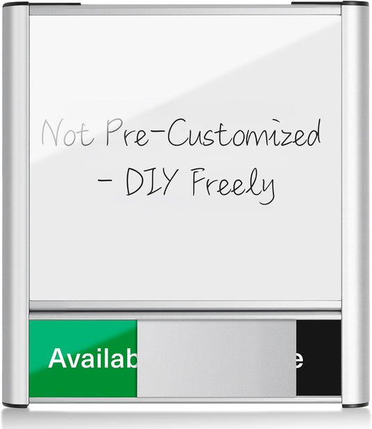 Conference Room Door Sign with Slider – Office Door Sign for Meeting Room, Brushed Silver Writable Whiteboard Panel, DIY Custom Insert, Fingerprint-Resistant, Self-Adhesive Mount, Clear Status Display, Rounded Corners