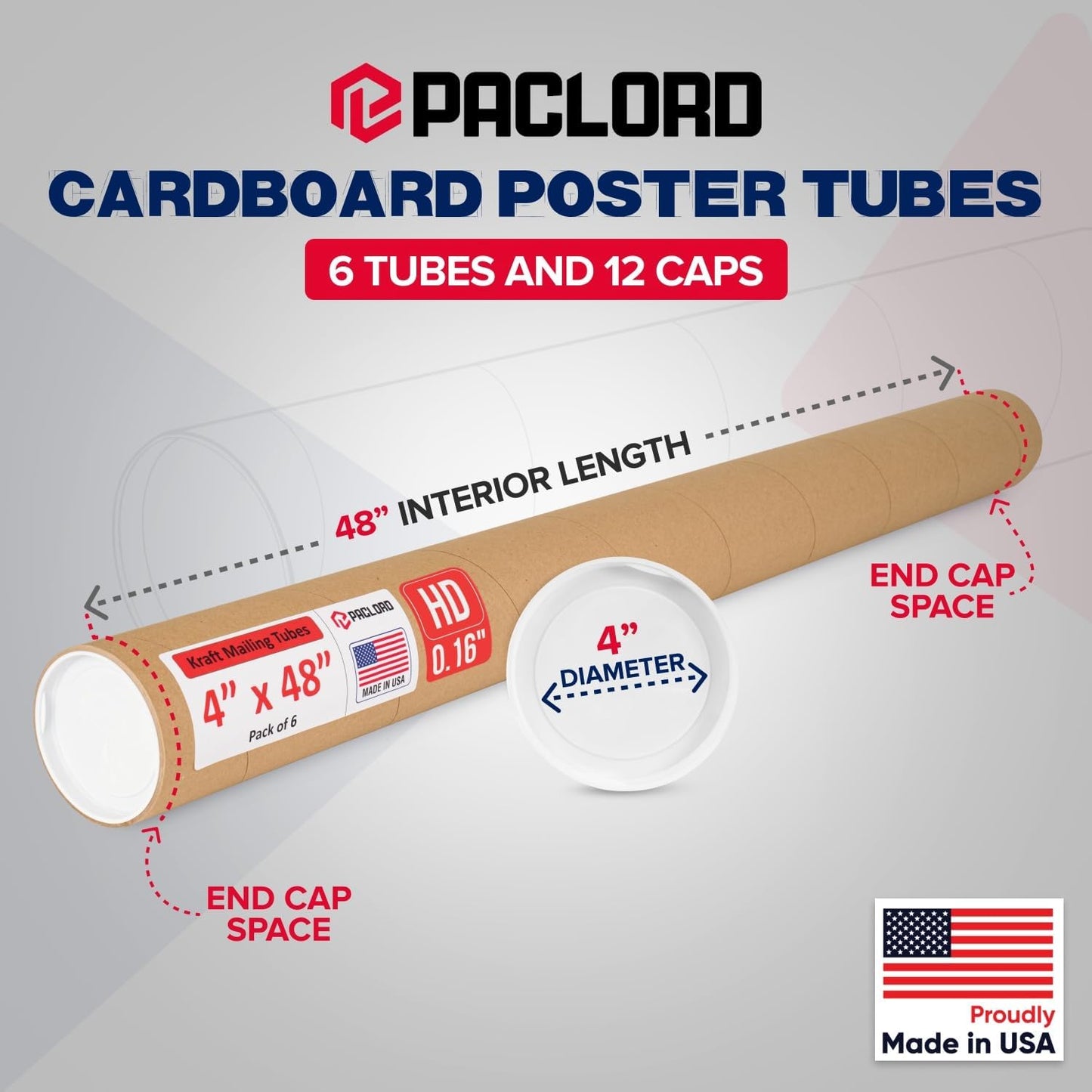 4" x 48" Heavy-Duty Reinforced Cardboard Mailing Tube, Pack of 6 Tubes with 12 Caps – Secure USPS Approved – Great for Shipping and Storing of Prints, Artwork, Posters or Documents