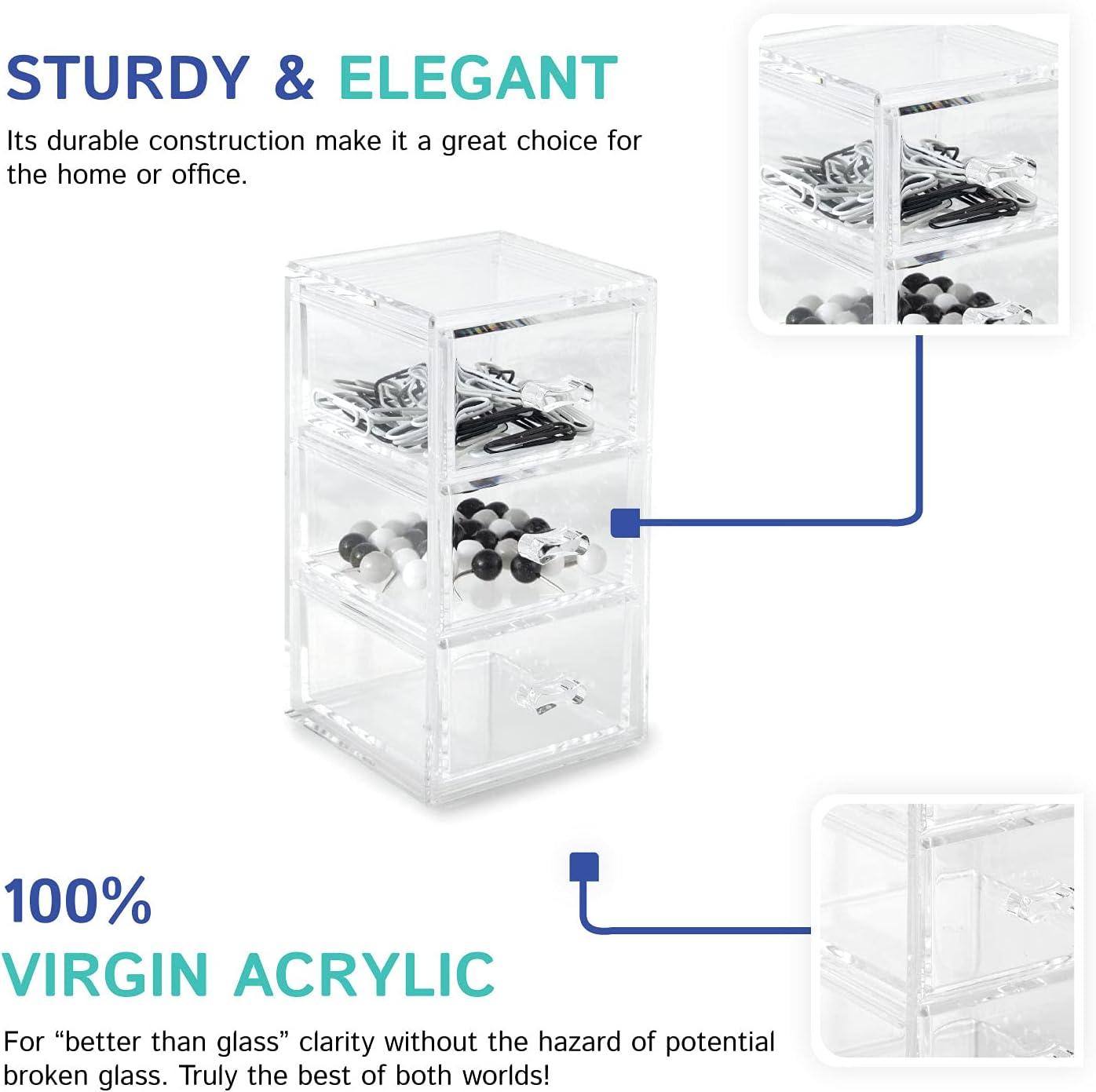Huang Acrylic Clear Stackable Upright 3-Drawer Organizer, Makeup Jewelry Accessories Cosmetic Countertop Storage Display 3.5 x 3.25 x 5.75 inches