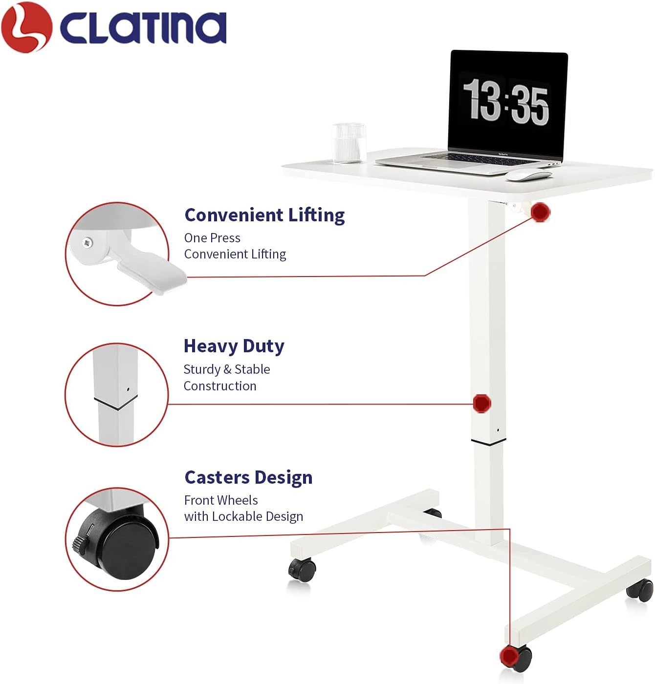 CLATINA Mobile Laptop Desk Pneumatic Sit to Stand Table Height Adjustable Rolling Cart with Lockable Wheels for Home Office Computer Workstation 28" x 19" White Round Edge Design Elegant