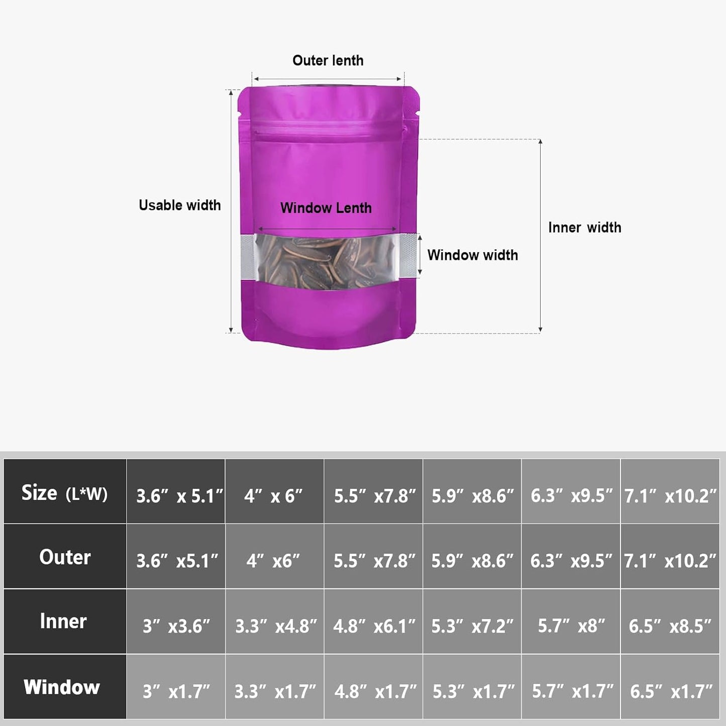 3.5"x5" 120pcs Mylar Bags for Food Storage,Smell Proof Bag with Matte Window Resealable Food Storage Bags for Small Business, Stand-up Foil Pouch Packaging Freeze Dried Candy Bag(Purple)