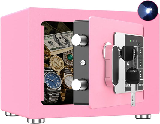 Small Home Safe, 6.7”D x 9”W x 6.7”H, Electronic Keypad Lock Security Box for Cash, Jewelry, Passport, Hidden Safe for Closet, College Dorm Room, Pink