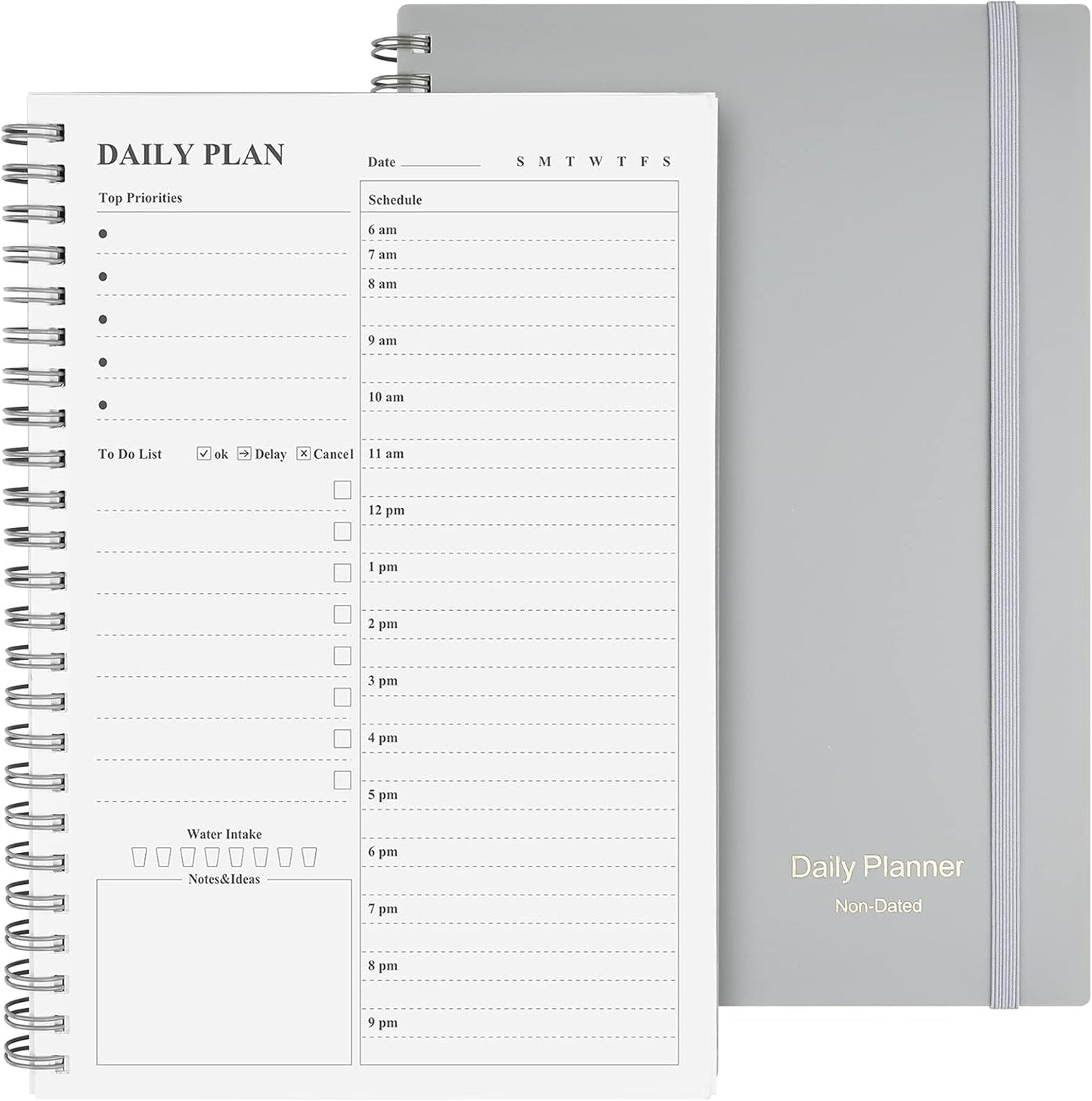 Daily Planner Undated, Asten To Do List Notebook Hourly Schedules Spiral Appointment Planner for Men and Women,PVC Hardcover,Elastic Closure, Inner Pocket 8.3" x 5.8" (Gray)