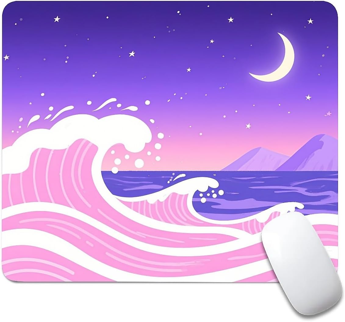 Square Mouse Pad Pink and Purple Waves, Personalized Premium-Textured Custom Mouse Mat Design, Washable Mousepad Cloth, Non-Slip Rubber Base Computer Mouse Pads Moon for Wireless Mouse
