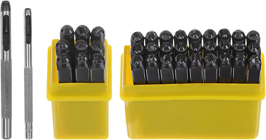 HARFINGTON 36pcs Metal Stamping Kit 1/8" (3mm) (A-Z, 0-8, "&" Symbol) Steel Letter Punch Press Tool with Hole Punch to Stamp on Metal, Plastic, Wood, Leather, Black