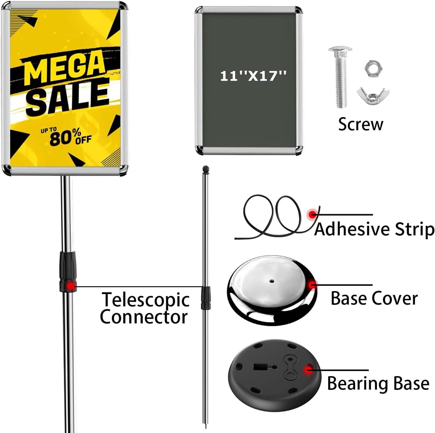 Adjustable Pedestal Poster Stand Holder - Standing Floor Sign Stand, 11x17 Inch Sign Stand Poster Frame Sign Holder for Vertical and Horizontal View, Outdoor Indoor Display, Silver (6 Pack)