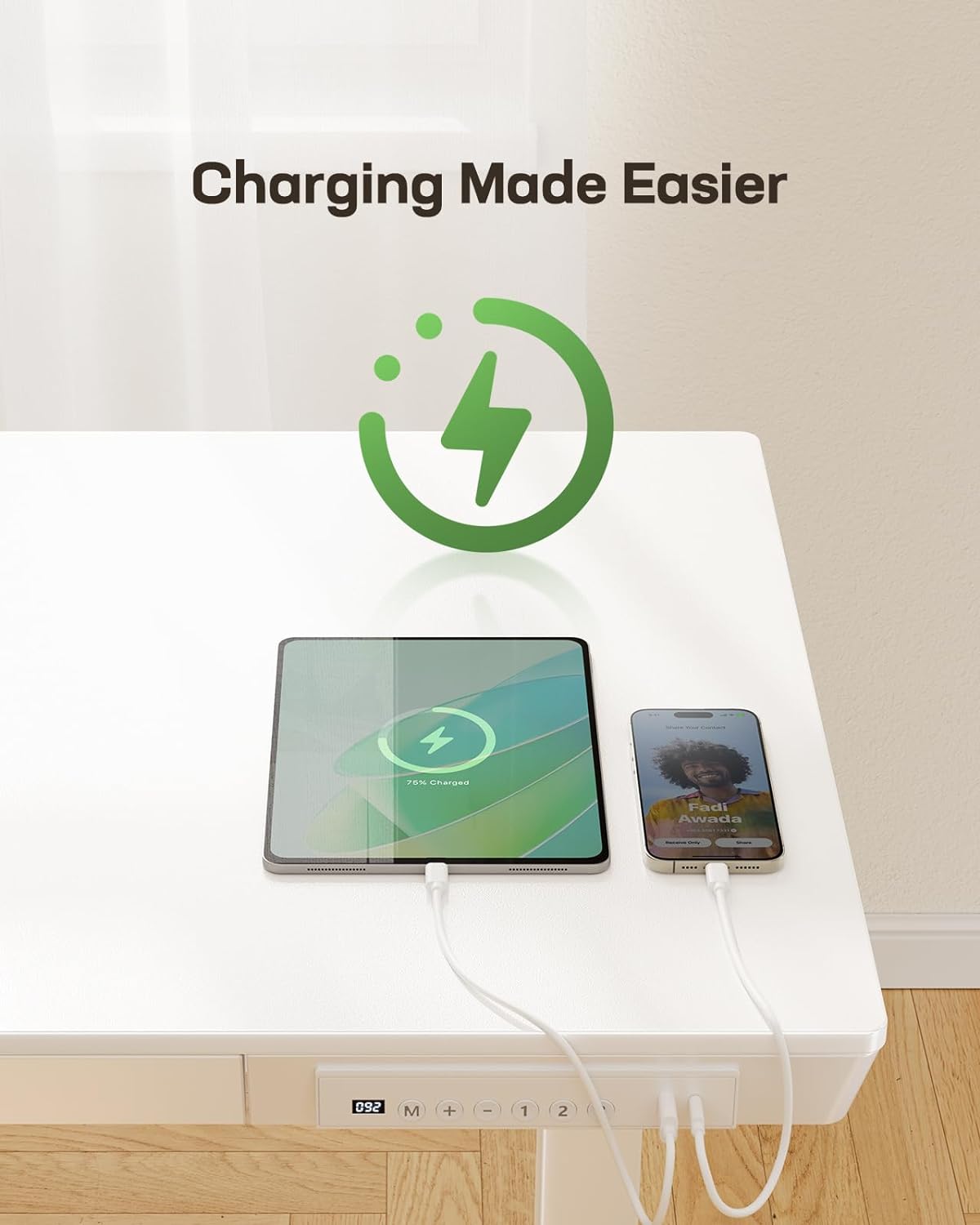 Marsail Standing Desk with Drawer, 48 x 24 inch Whole Piece Tabletop Electric Standing Desk, Height Adjustable Desk with USB Charging Ports, Sit Stand Desk with Storage for Home & Office White