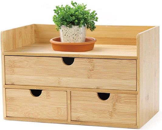 3 Drawer Bamboo Desk Organizer with Shelf – Makeup Storage & Tabletop Organizer for Home Office, Workspace, or Bathroom – No Assembly Required