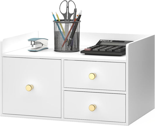 Bamboo Desk Organizer with Drawers Wooden Desktop Storage Organization Box for Bills Office Supplies Kitchen Utensils Organizing Tool for Home Classroom Vanity, No Assembly Required (3 Drawer, White)