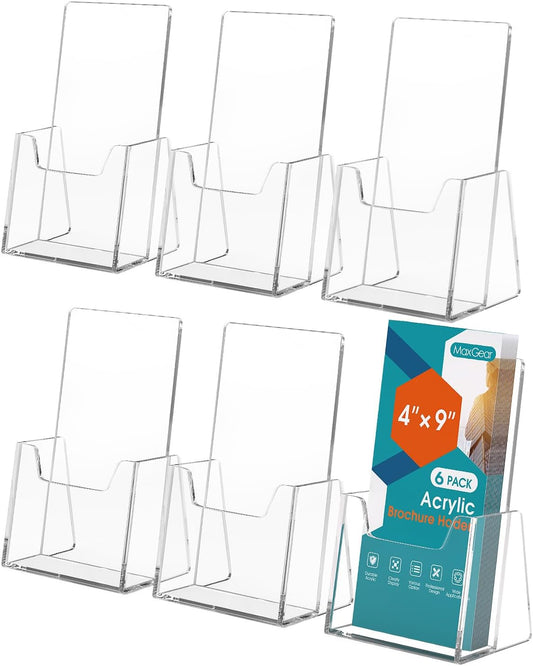 MaxGear Brochure Holder 6 Pack, 4 Inches Wide Acrylic Display Stand Clear Pamphlet Holders Flyer Holder Rack Card Holders Countertop/Desk Organizer for Trifold, Booklet, Literature, Magazine