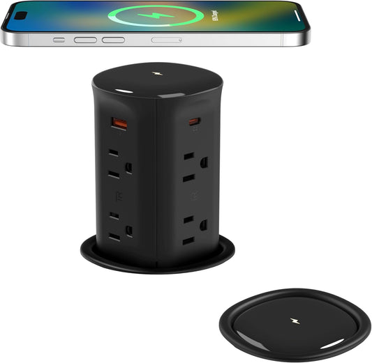 Jgstkcity Pop up Outlet for Countertop,65W USB C Fast Charging,15W Wireless Charger,13-in-1 Kitchen Island Electrical Power Station,4 USB,8 Outlets,15A Surge Protector,3.15'' Hole,ETL Listed,Black