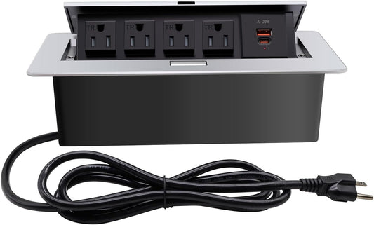 Pop up Outlet; Power Strip; Embedded countertop Outlet; 4 Power Outlets with USB-C PD 20W Fast Charging 16AWG Power Cord; Suitable for Office, Conference, Home, Book Rooms -Silver
