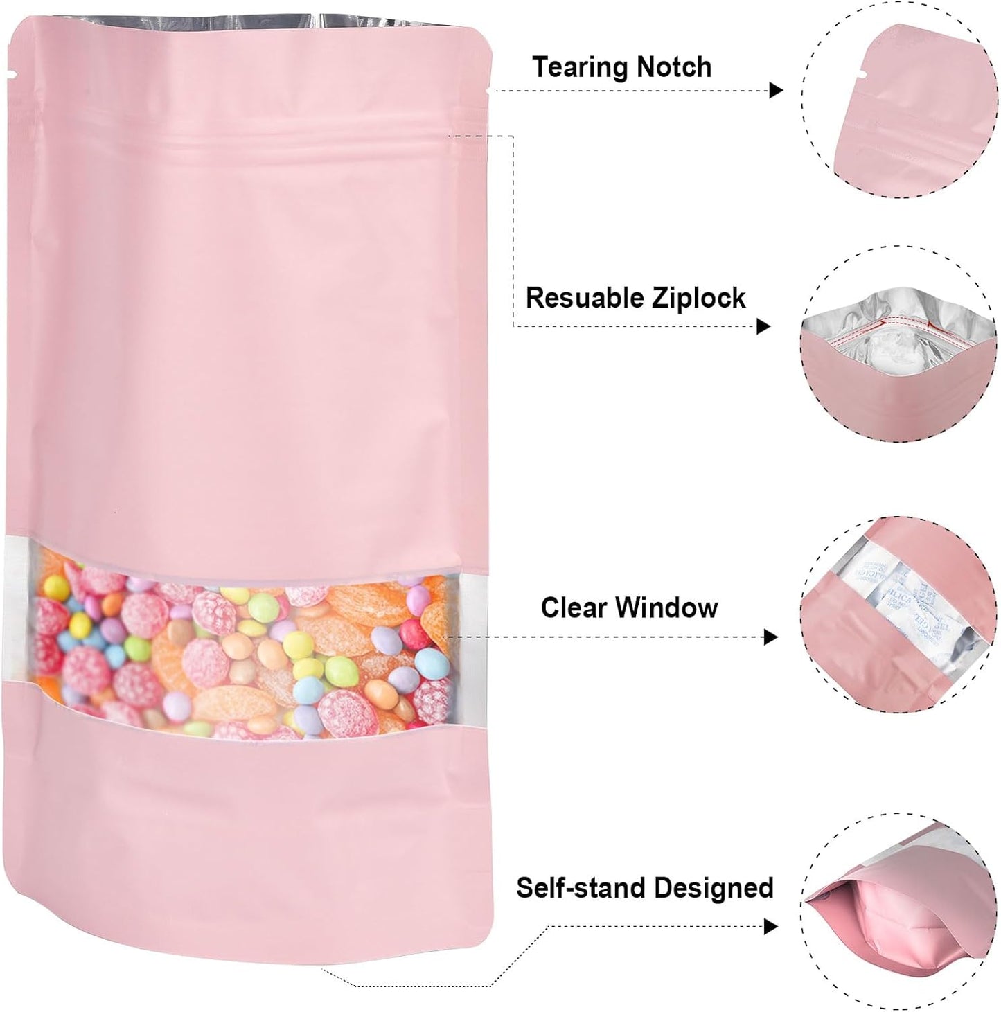 5.9"x8.6" 120pcs Mylar Bags for Food Storage,Smell Proof Bag with Matte Window Resealable Food Storage Bags for Small Business, Stand-up Foil Pouch Packaging Freeze Dried Candy Bag(Pink)