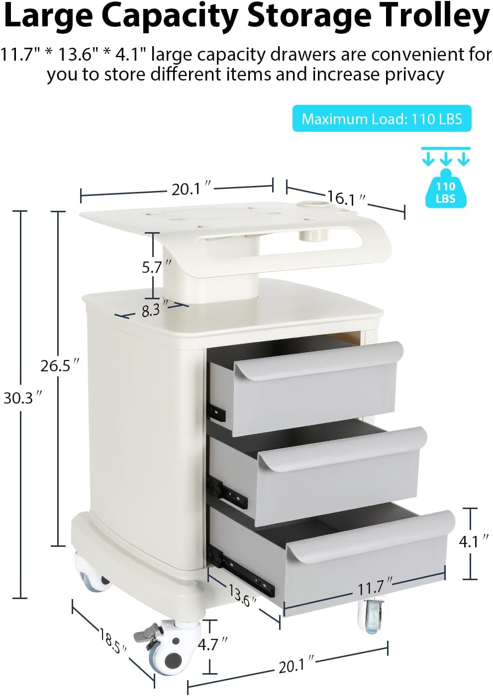 Mobile Ultrasound Trolley Cart Portable Ultrasound Imaging Scanner Vehicle Medical Beauty Storage Cart 110LBS Load with 4 Wheels 2 Brake for Hospital Office Bedroom Medical Clinic