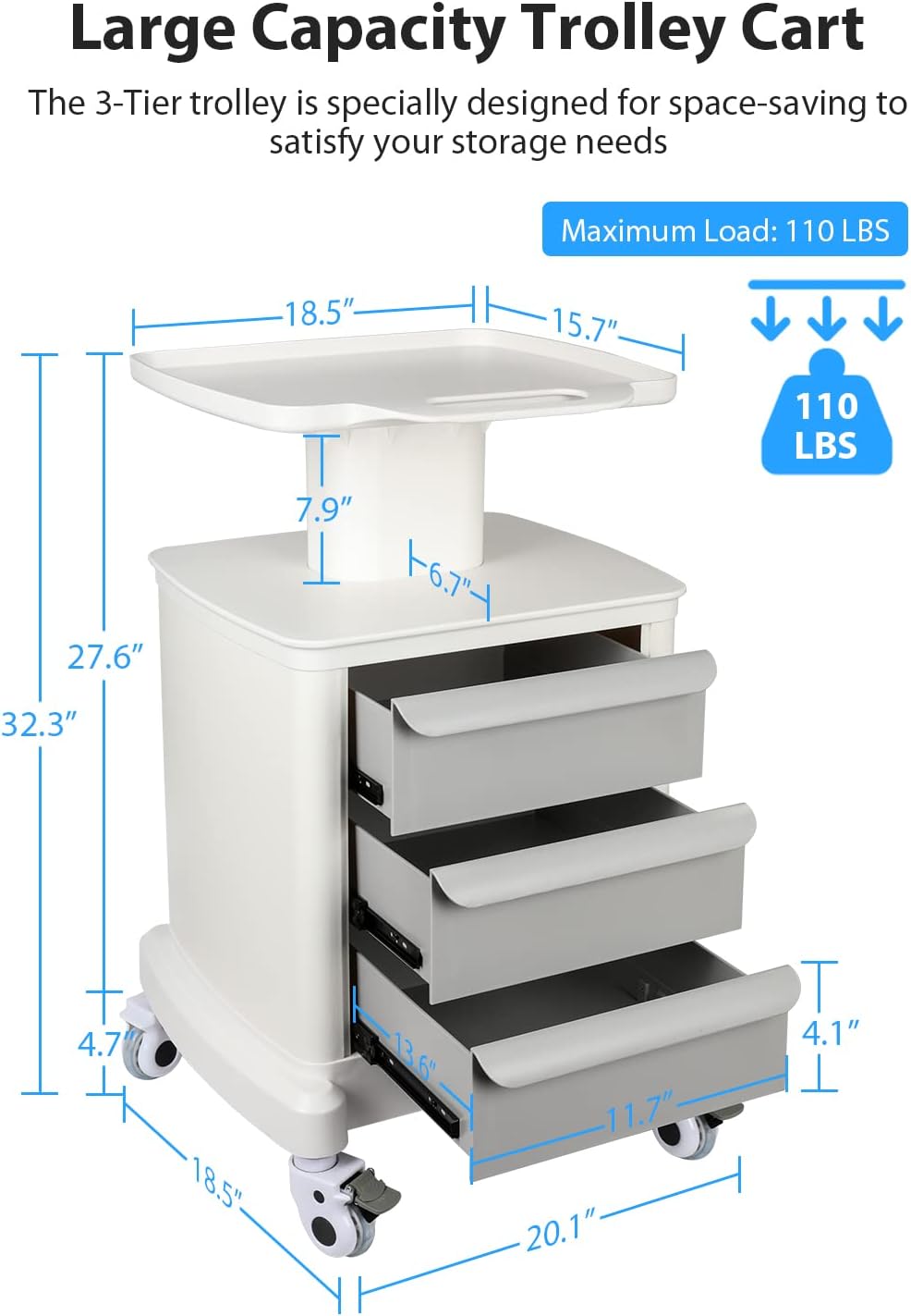 Mobile Trolley Cart for Portable Ultrasound Imaging Scanner Vehicle Trolley Beauty Storage Cart 110 LBS Load with 3 Drawers 4 Wheels for Hospital Office Bedroom Medical Clinic