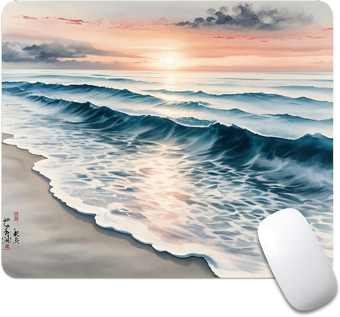 Beach Sunset Mouse Pad,Cute Mouse pad,Custom Small Mouse Pads with Designs,Portable Office Non-Slip Rubber Base Wireless Waves Mouse Pad for Laptop
