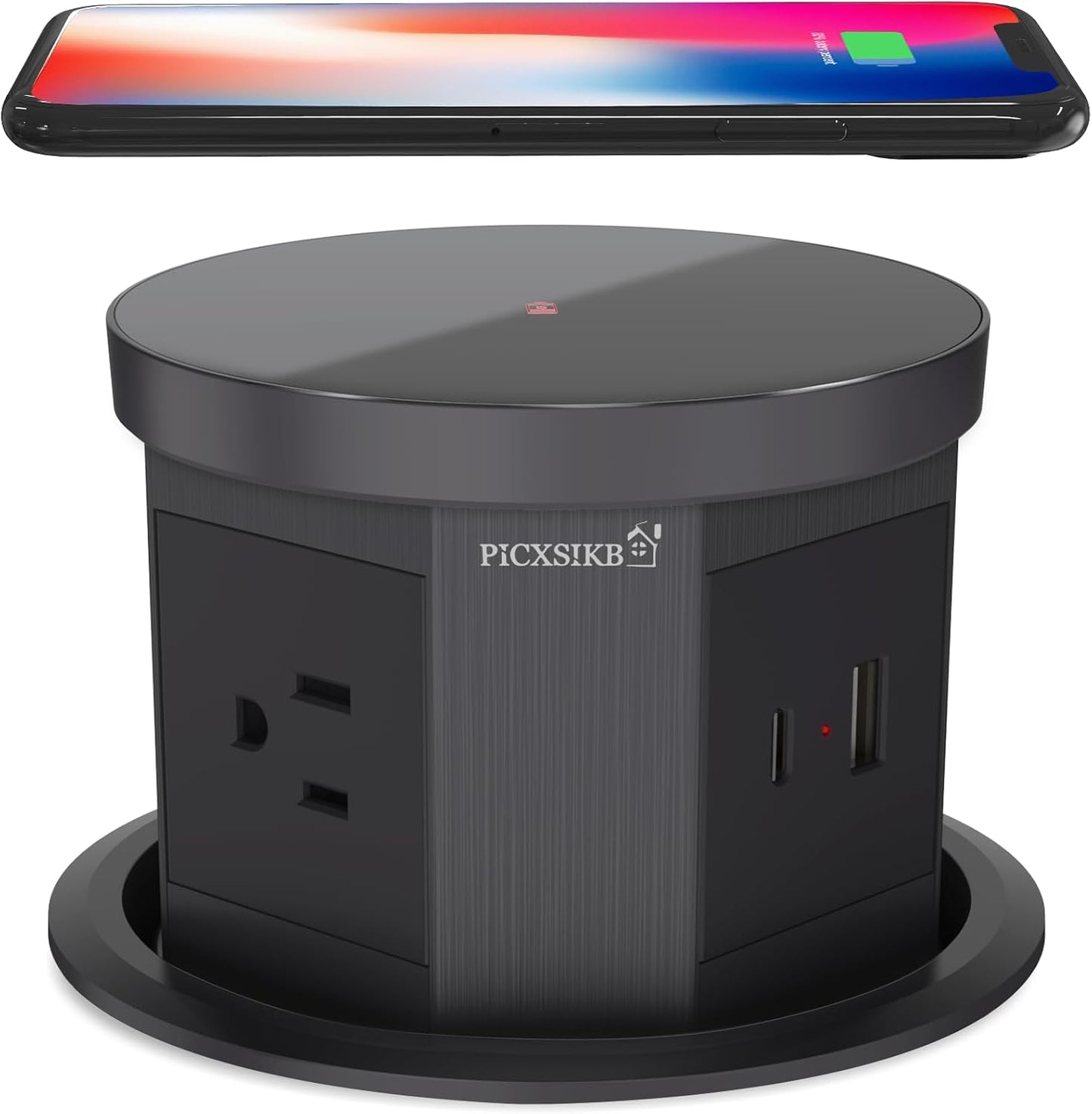 Automatic Pop Up Outlet, 4.33 inch Pop Up Outlet for Countertop with 15W Wireless Charger 3 AC Plug 1 USB-A 1 USB-C Hidden Outlet 5 FT Cord for for Kitchen/Home/Office (Grey)