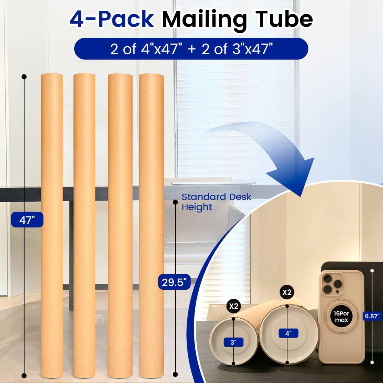 4-Pack Mailing Tubes with Caps, Paper Cardboard Storage Tubes for Shipping, Prints, Documents, Crafts & Golf Clubs (4in*47in, 3in*47in)