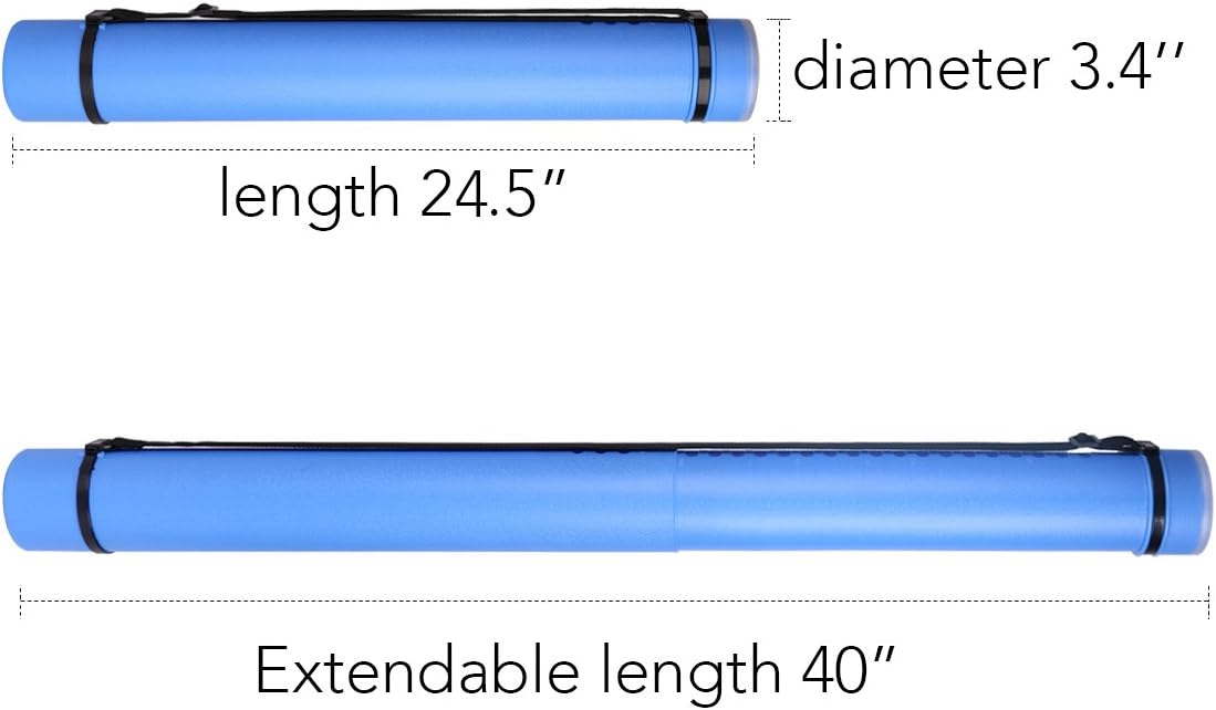 TRANSON Durable Poster Storage Tube with Straps 24"-40" Extendable for Blueprints, Artwork, Maps, Posters Color Blue