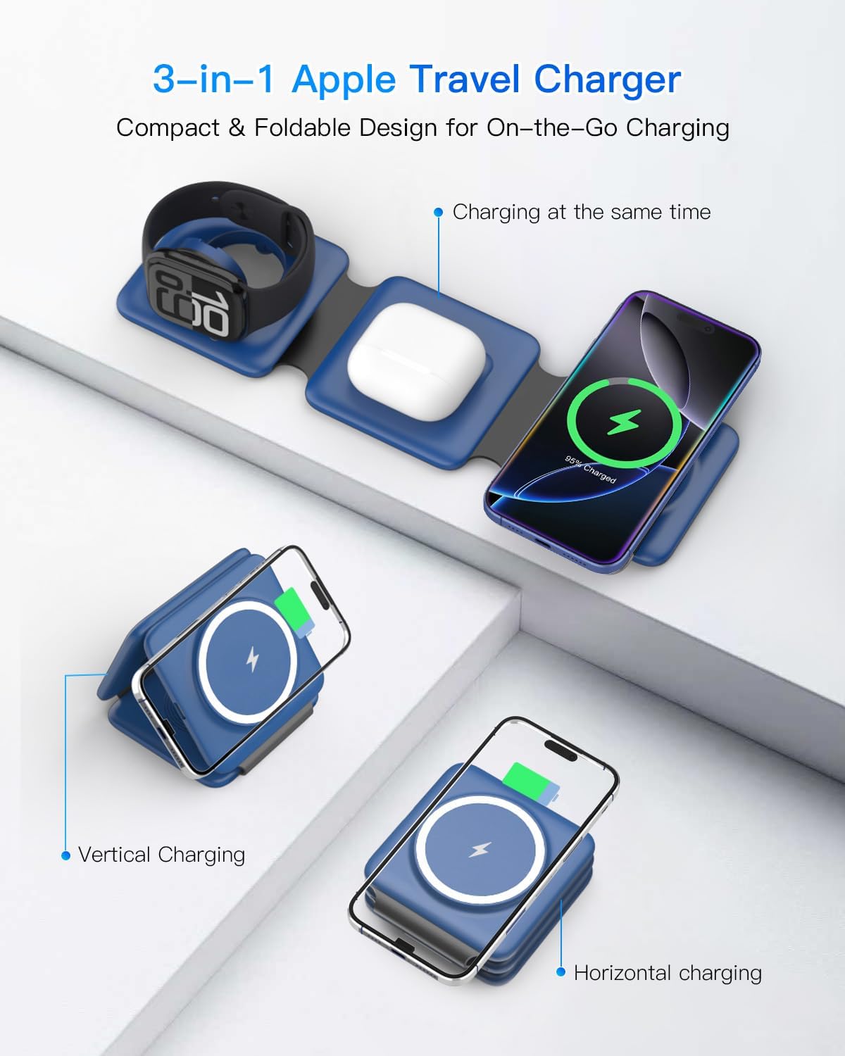 Charging Station for Apple Devices - 3 in 1 Magnetic Foldable Wireless Charger Dock - Travel Charging Pad for MagSafe iPhone 16 15 14 13 12 Pro Max Plus Watch & Airpods