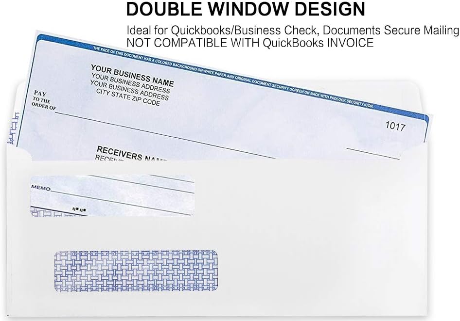 #8 Double Window Security Check Envelopes, No.8 Double Window Bussiness Envelopes Designed for QuickBooks Checks - Computer Printed Checks - 3 5/8 X 8 11/16 (NOT for INVOICES) - 24 LB - 1000 PACK