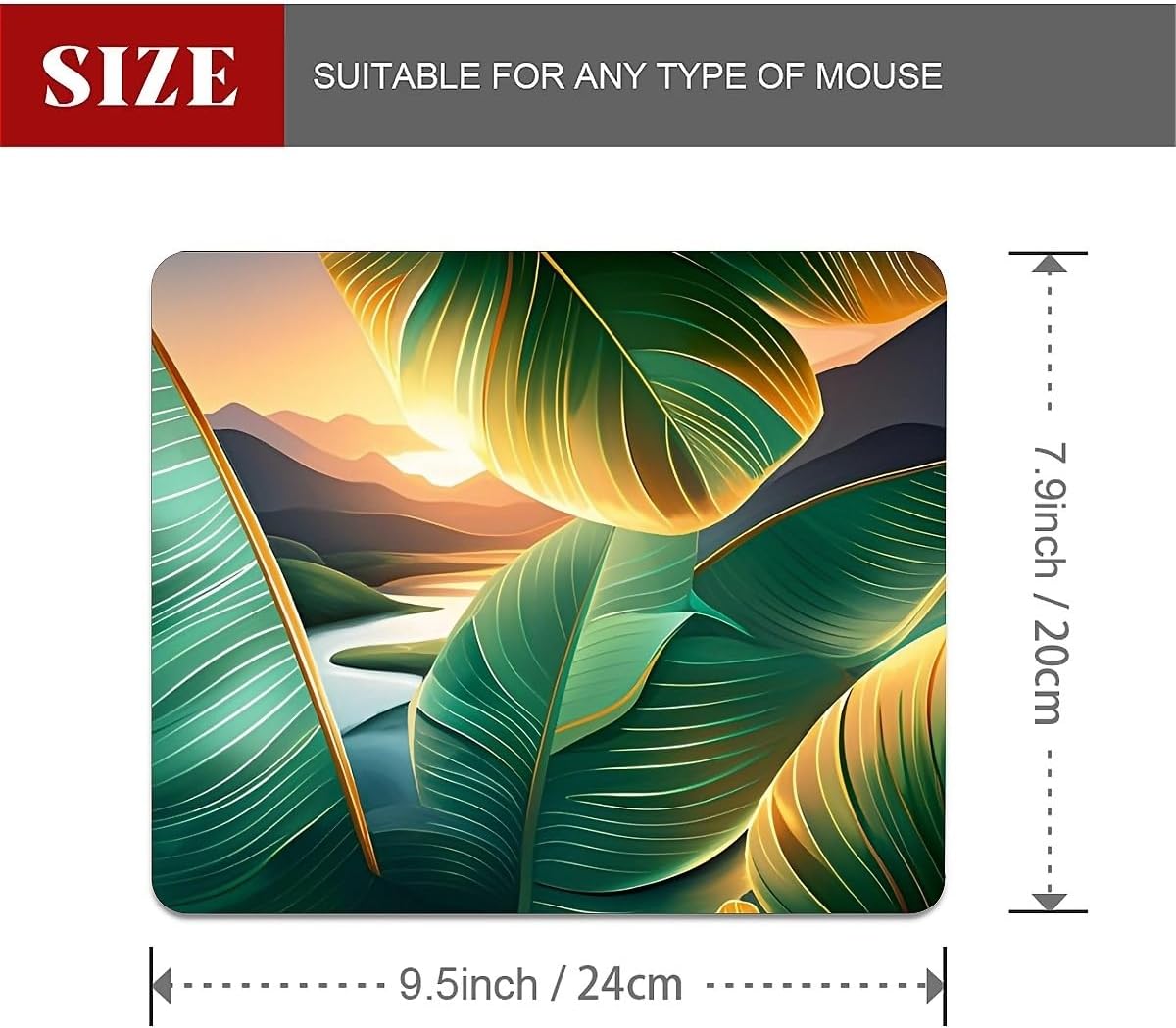 Square Mouse Pad Tropical Leaf & Mountain Sunset, Personalized Premium-Textured Custom Mouse Mat Design, Washable Mousepad Cloth, Non-Slip Rubber Base Computer Mouse Pads for Wireless Mouse