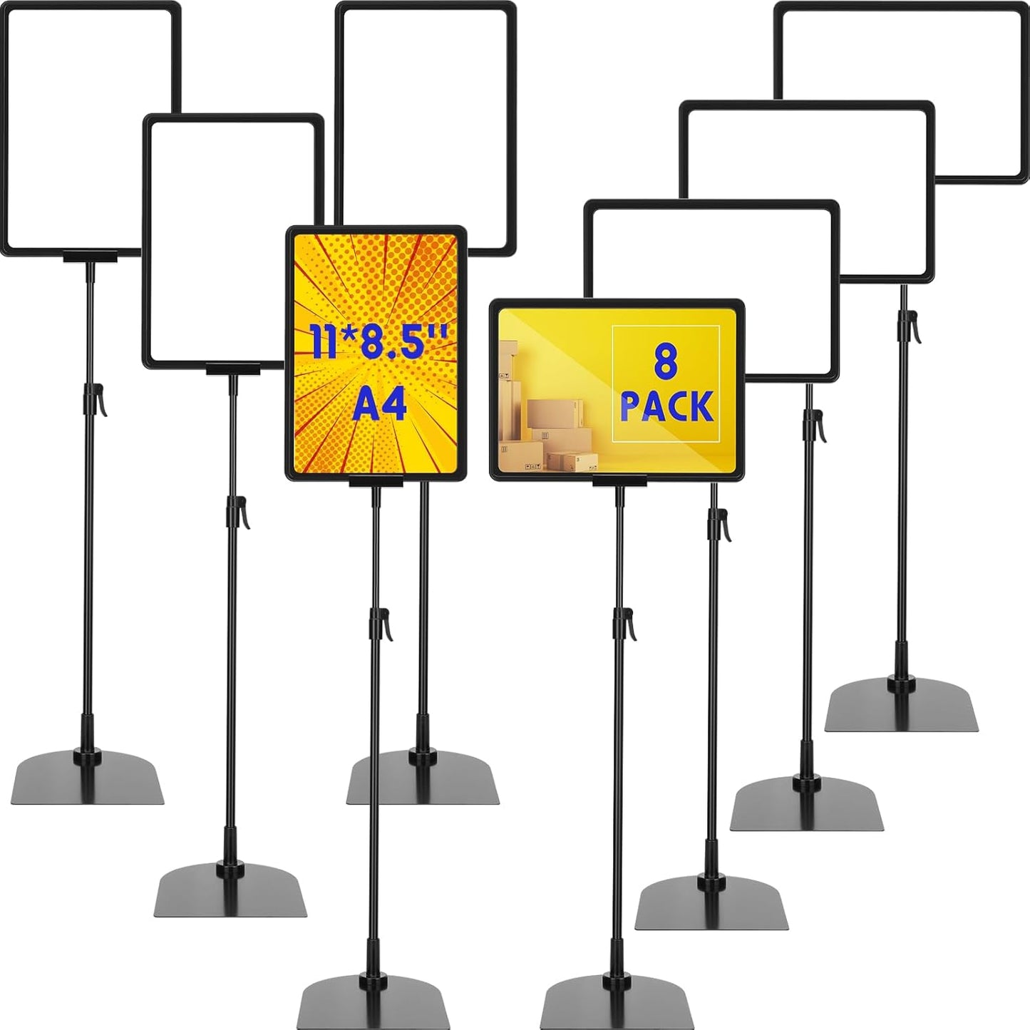 Hicarer 8 Pack Adjustable Sign Poster Stand Holder 8.5 x 11 in Floor Standing Display Sign Holder Heavy Duty Aluminum Pedestal Vertical Horizontal Stand for Vendor Advertising Business Menu Black