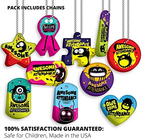 Brag Tags Fun Critters & Monsters Increase Attendance Incentives Value Pack: 250 Multicolor, Waterproof Teslin Brag Tags (25 Per Design) + 75 Hypoallergenic, USA-Made, 24" Aluminum Safety Chains