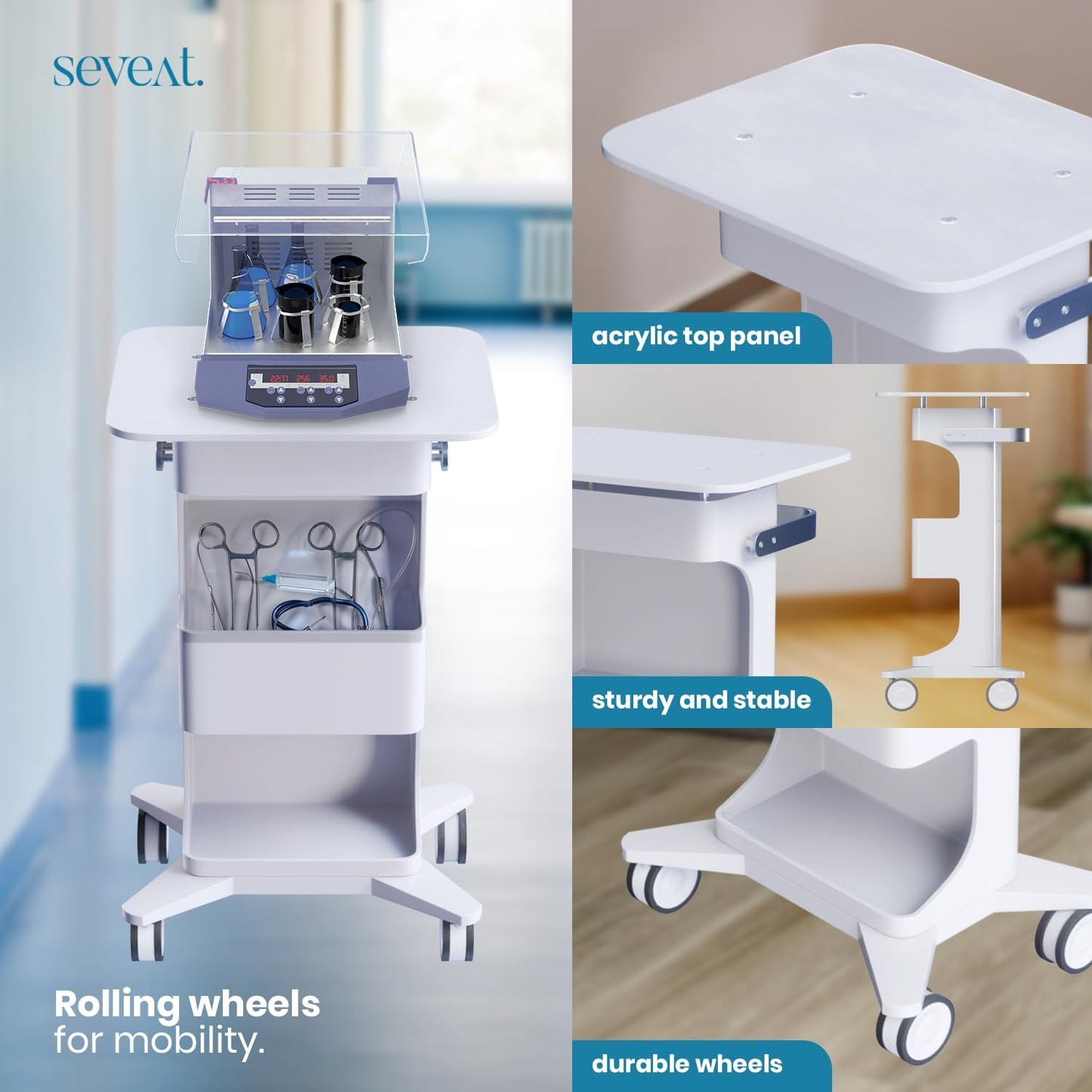 Professional Medical Cart with Wheels and Drawers, 3 Tier Rolling Utility Cart, 198 lbs Capacity, Portable Medical Trolley for Home, Spa, Hospital, Office, Clinic (Pure White)