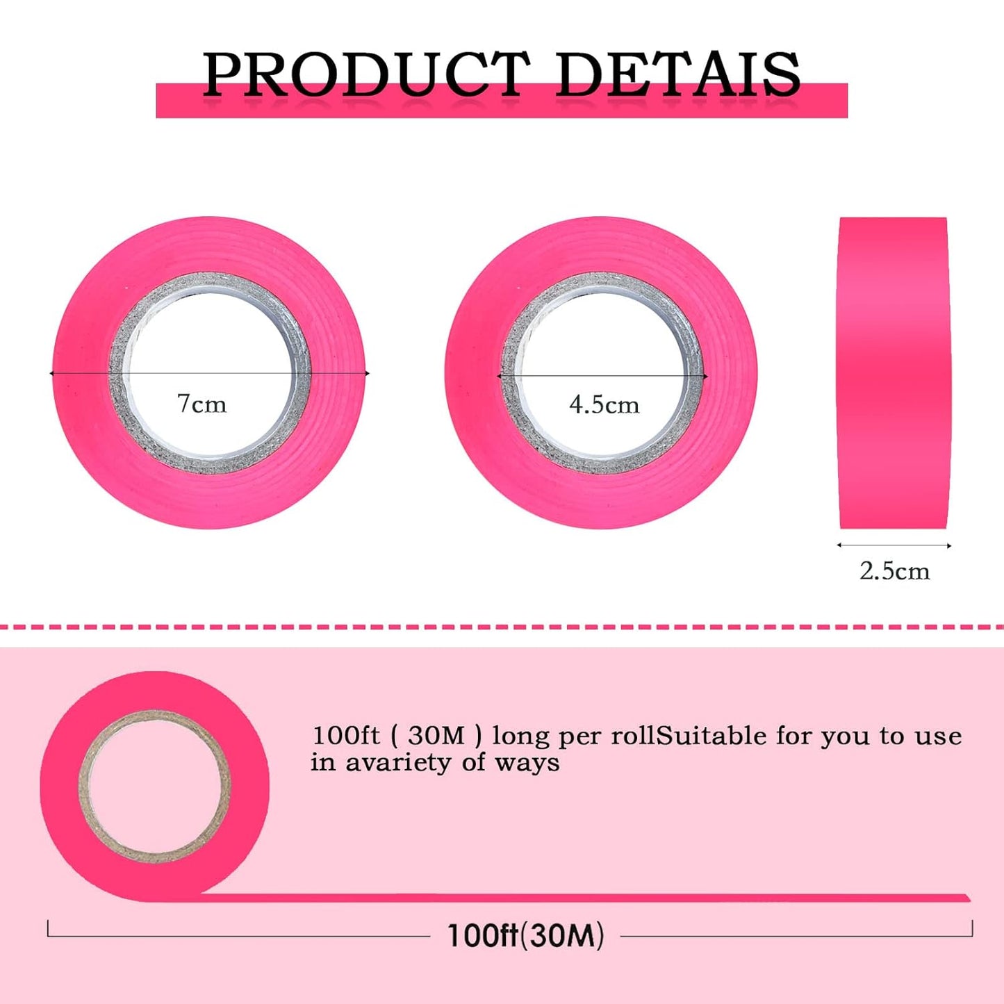 6 Pack Pink Flagging Tape, Non-Adhesive Plastic Ribbon Neon Marking Roll, 1inch*600ft, Marking Tape for Tree Marking, Hunting, Boundaries and Hazardous Areas,Trail Marking