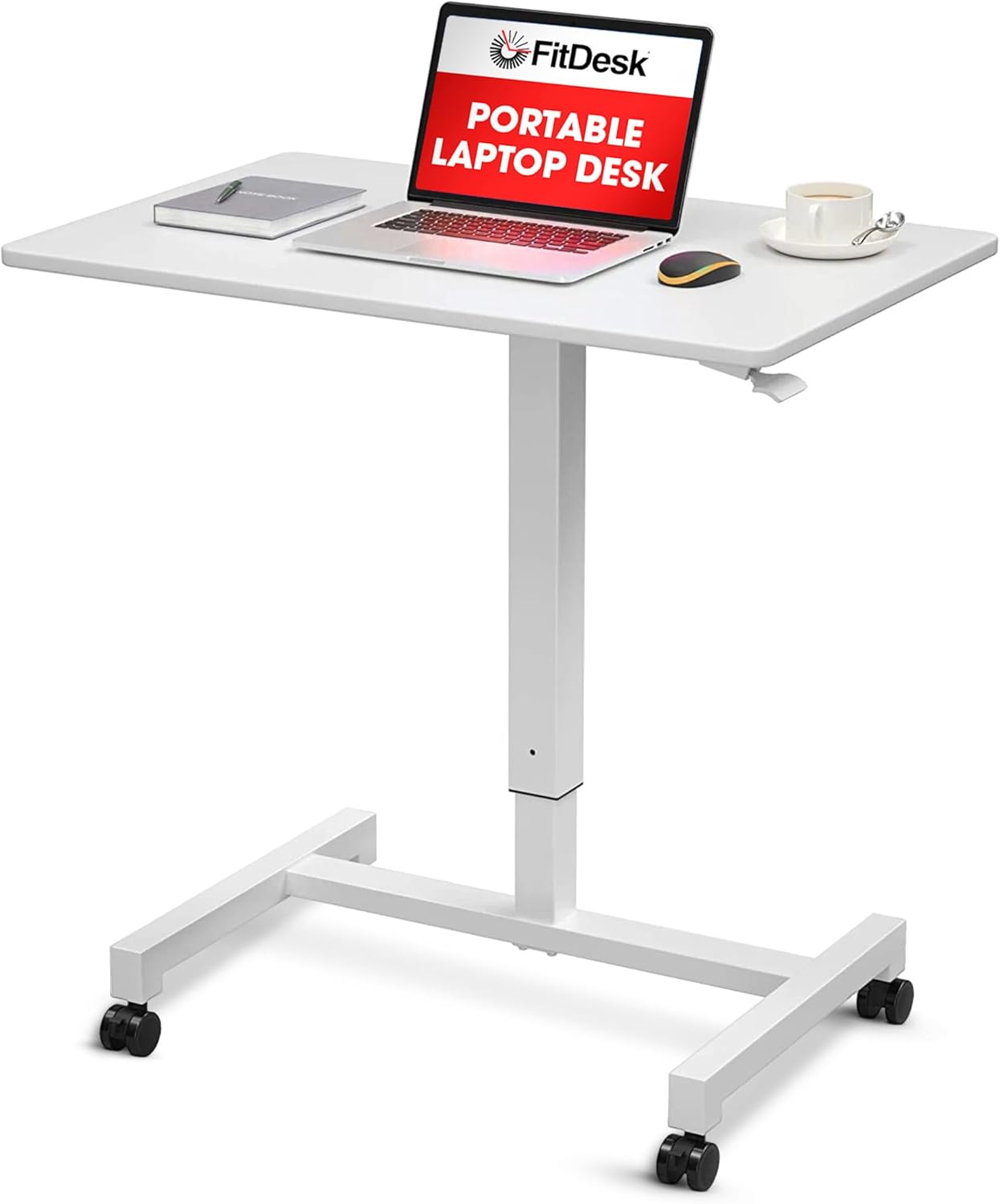 FitDesk Portable Laptop Desk, Rolling Standing Workstation Adjustable Height, Compact Standing Table with Large Surface, Small Stand Desk for Home Office, 30 lb Weight Limit – White, 27" Tabletop
