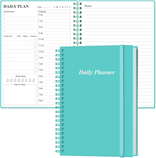 Daily Planner Undated - A5 To Do List Notebook Hourly Schedules, Spiral Appointment Planner for Women and Men, PVC Hardcover, Inner Pocket, Elastic Closure, 5.8" x 8.3", Teal