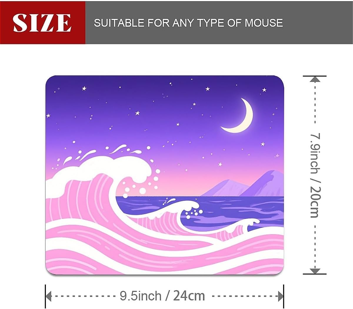 Square Mouse Pad Pink and Purple Waves, Personalized Premium-Textured Custom Mouse Mat Design, Washable Mousepad Cloth, Non-Slip Rubber Base Computer Mouse Pads Moon for Wireless Mouse