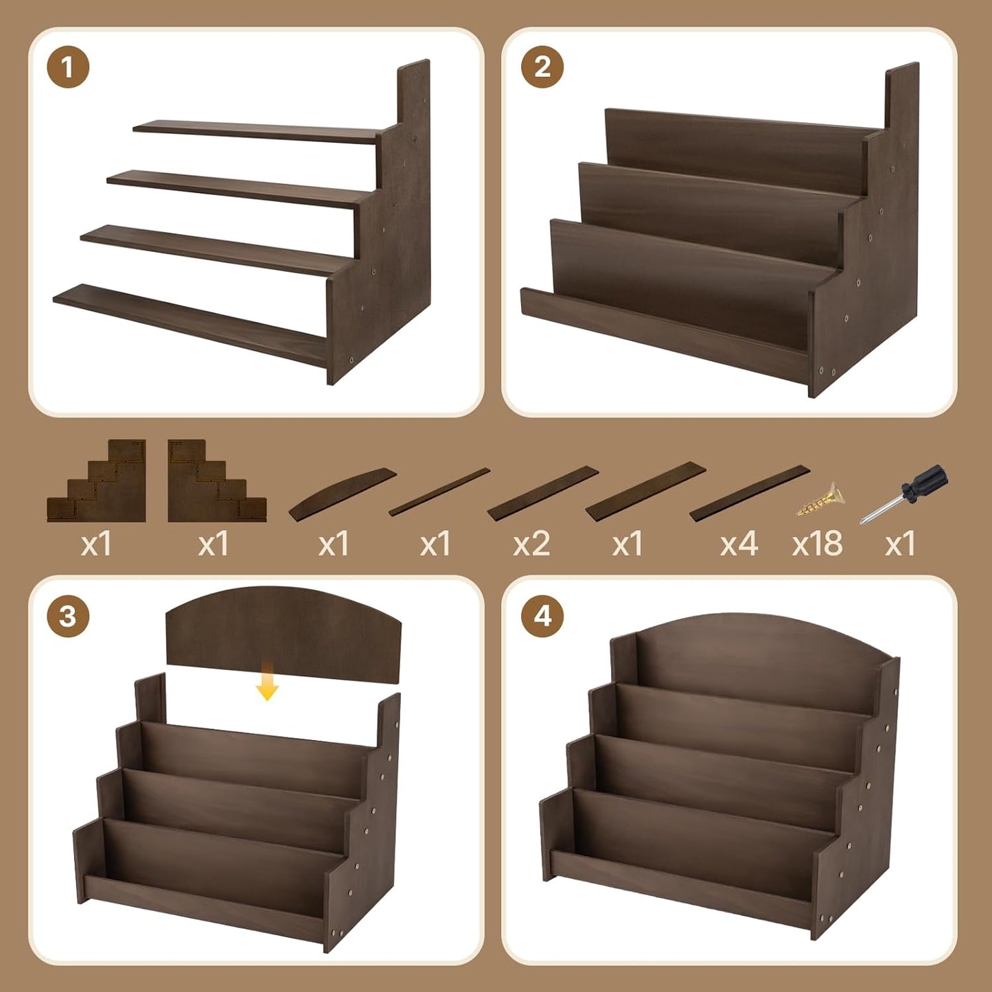 4 Tier Wooden Greeting Card Display Stand, Sticker Organizer Rack, Retail Photos Shelf for Vendors Craft Collection, Retail Stores, Postcards, Jewelry, Snacks, Brown