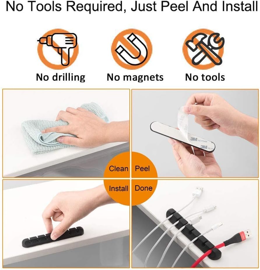 Cord Holder Cable Organizer Clips – Self Adhesive Cord Organizer for Desk, Car, Nightstands, Office, Black Silicone Cord Keeper Cable Clips Wire Holders for Charger Cords (7-5-3-1-1 Slots)