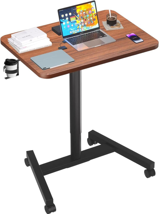 28-Inch Mobile Standing Desk Adjustable Height with Cup Holder, Portable Standing Desk with Lockable Wheels, Rolling Table for Home Office Classroom Hospital (Walnut)