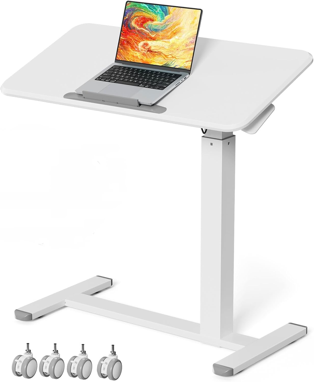 Mobile Standing Desk, Height Adjustable Left/Right Overbed Bedside Table, 90° Tiltable Portable Laptop Desk with Wheels, Foldable Computer Cart for Hospital Home Use, White
