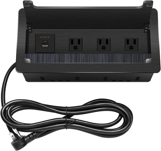 Conference Table Power Hub; Outlet Multimedia Connectivity Box with 3 AC outlets; USB-A+USB-C 18W 8FT 16AWG UL Listed Flat Plug Used for Office Conference Tables-High end Aluminum Alloy