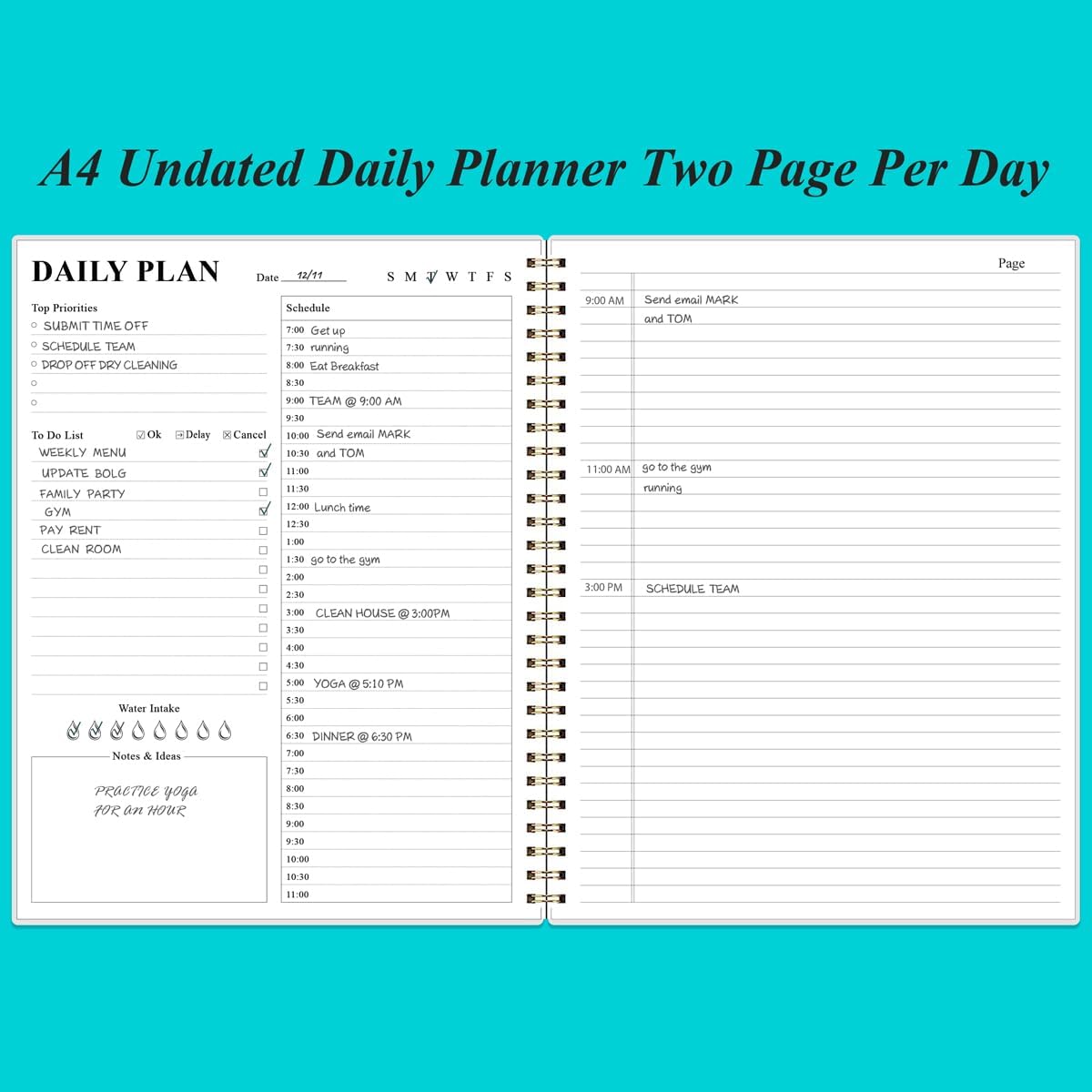 Daily Planner Undated - 8.5" x 11" To Do List Notebook Hourly Schedules, 150 Sheets/300 Pages Spiral Appointment Planner for Women and Men,PVC Hardcover, Inner Pocket, Elastic Closure, Teal Flowers