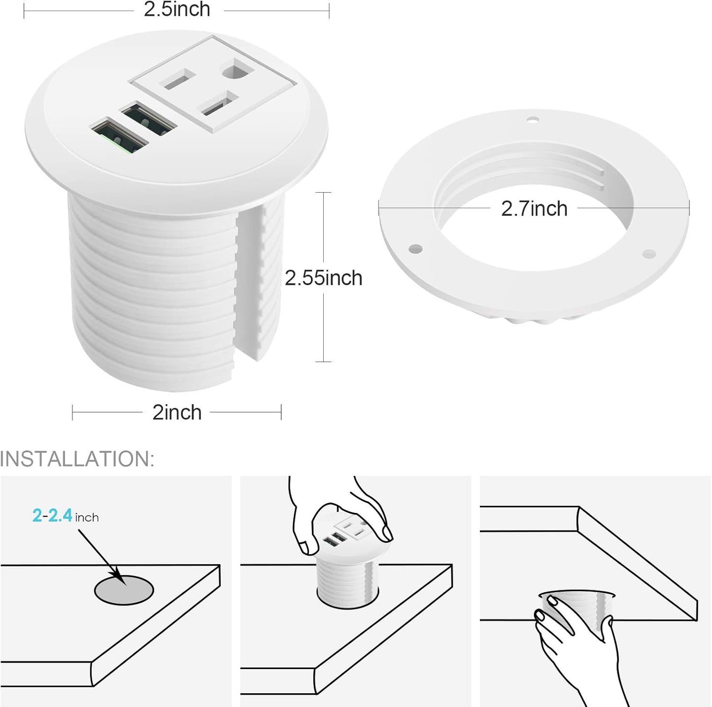 Desk Power Grommet wiht USB, Fits 2 inch Grommet Hole, Recessed Power Strip Socket, Plug in 2 Outlet 6.5 ft Extension Cord (White Round)