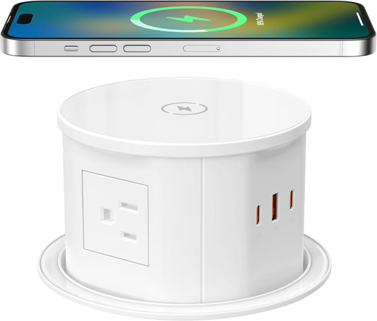 Pop up Outlet for Countertop with Wireless Charger,45W USB C Port, 4.7'' Diameter Round Pop Up Counter Outlet with AC Outlets,USB Ports,Hidden Outlet,Pop Out Outlet
