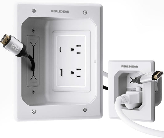 Perlegear Cord Hider for Wall Mount TV with AC Outlets, USB-A and USB-C Ports, in-Wall Cable Management Kit, Includes Drill Templates, Dust Bags, Drywall Saw, Extension Cord
