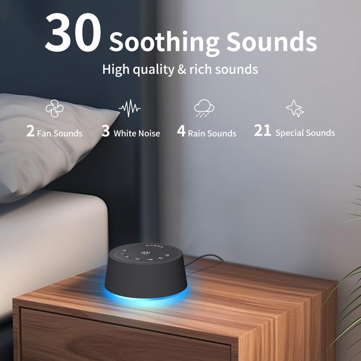SoundLegend White Noise Sleep Sound Machines 30 Sounds 12 Colors Light 32-Level Volume 5 Timers for Home Travel Gift Adjustable Brightness Memory Function Compact