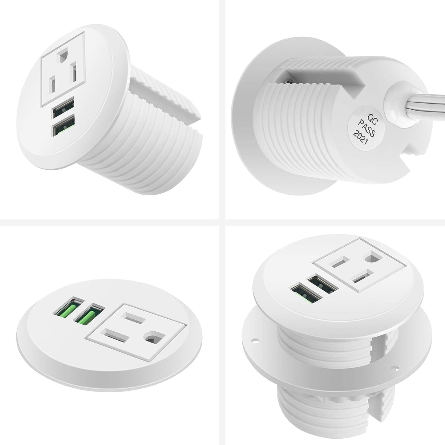 Desk Power Grommet wiht USB, Fits 2 inch Grommet Hole, Recessed Power Strip Socket, Plug in 2 Outlet 6.5 ft Extension Cord (White Round)