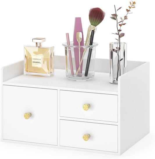 Bamboo Desk Organizer - Stackable, No Assembly Required, Ideal for Office/Home Use - Perfect for Toiletries, Stationery, Accessories. (White, Square drawer to the left of the fence)