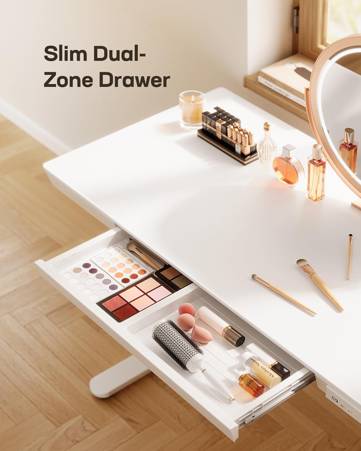 Marsail Standing Desk with Drawer, 48 x 24 inch Whole Piece Tabletop Electric Standing Desk, Height Adjustable Desk with USB Charging Ports, Sit Stand Desk with Storage for Home & Office White