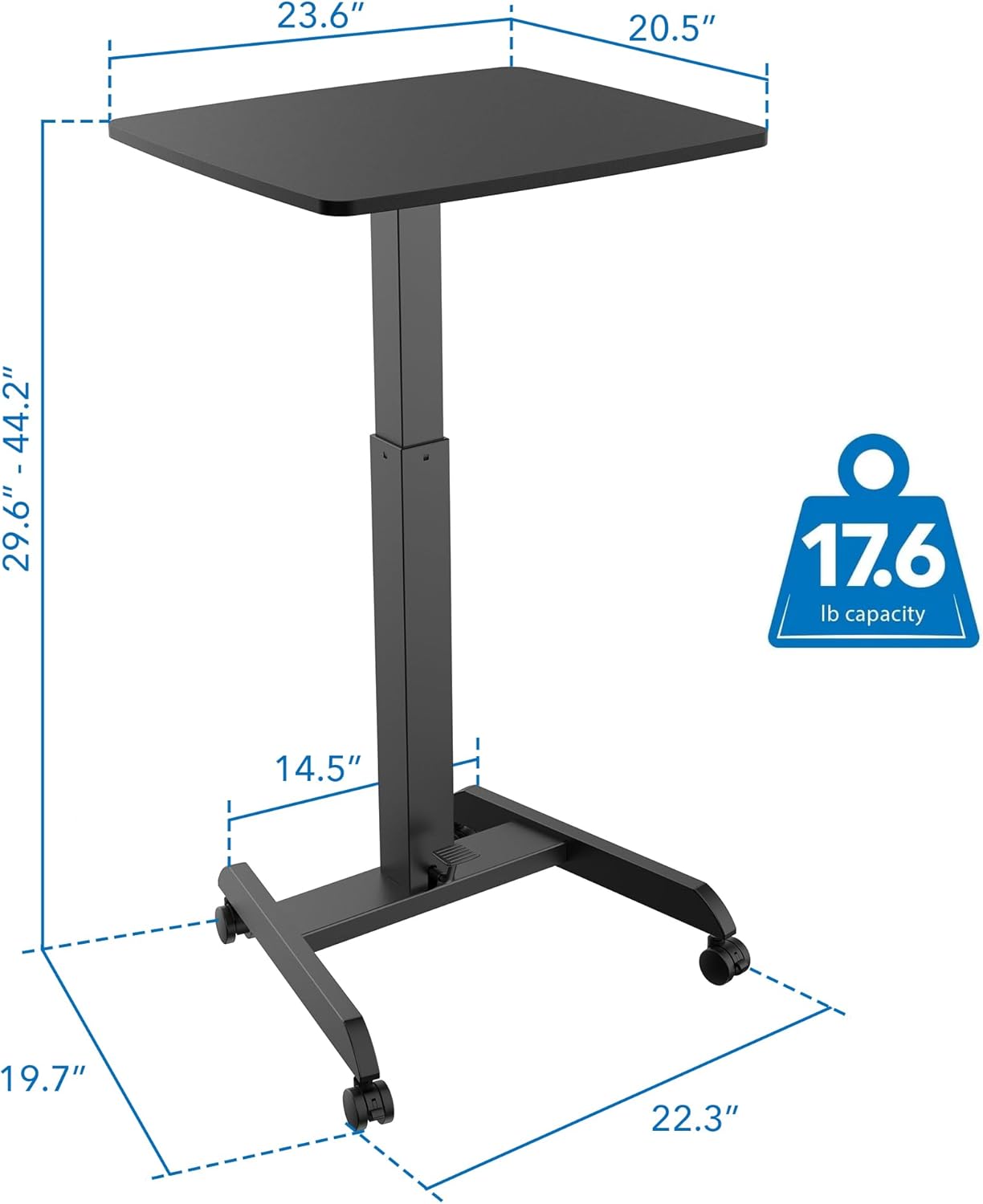 Mount-It! Rolling Laptop Desk Adjustable Height (29.6”-44.2”), Mobile Workstation Cart with 23.6” x 20.5” Desktop, Small Sit-Stand Desk for Home, Office, or Classroom in Black