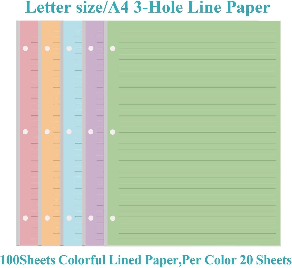 (3-Pack) Colorful 3 Hole Lined Paper - 300 Sheets/600 Pages Loose Leaf Paper Line Refills, Per Color 60 Sheets, 8.5" x 11"