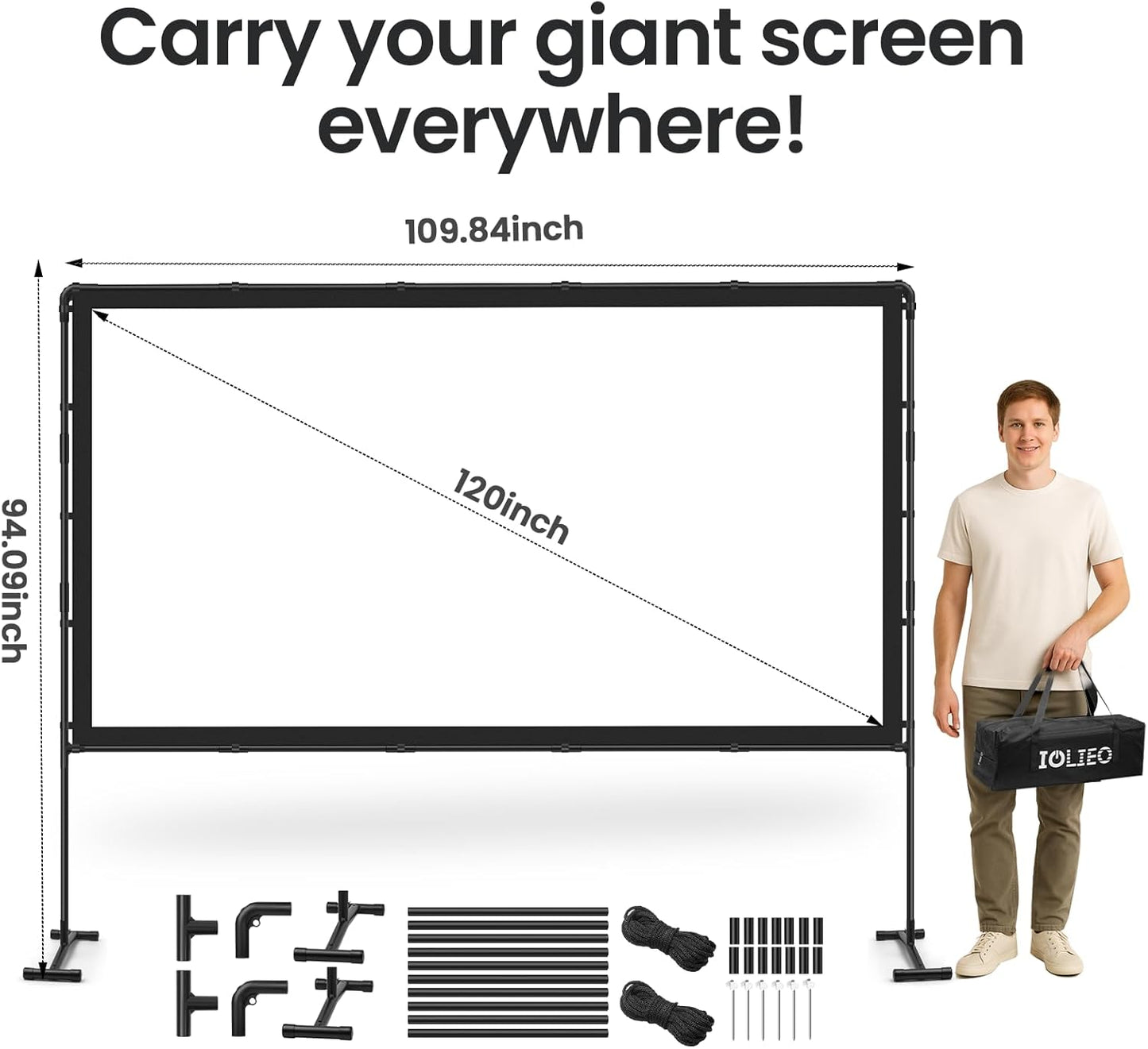 Projector Screen with Stand, 120 Inch, 16:9 Outdoor Portable Screen, Unique Retractable Design for Yard,Patio,Camping,Night Party,Office, School Indoor Use, Washable Fordable White Screen by IOLIEO